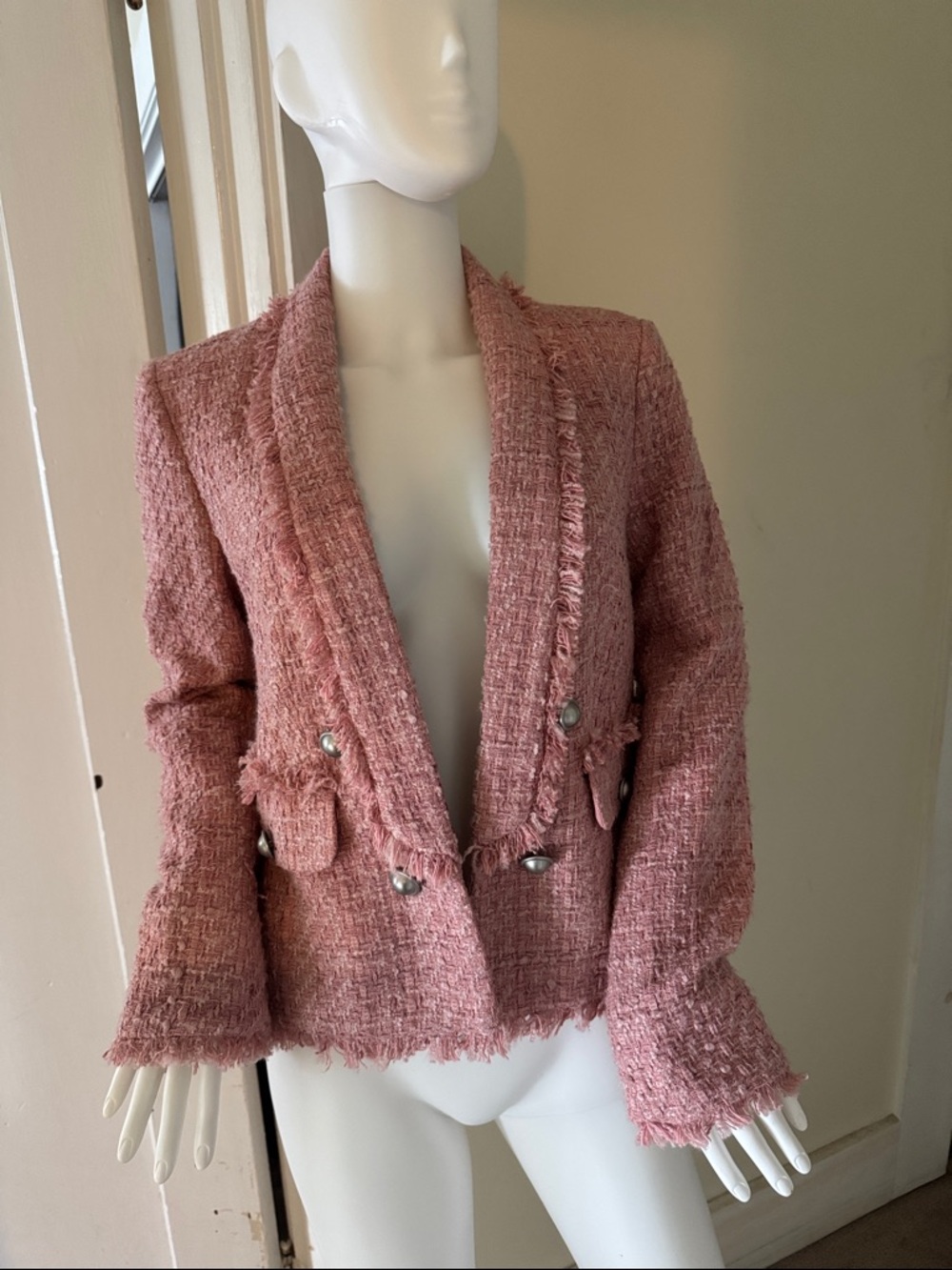 Express Pink Tweed Fringed Pocket Blazer - Picture 3 of 9